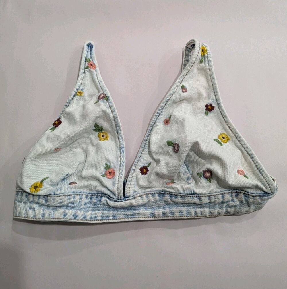 Floral Embroidered Denim Crop Top Bralette Cottagecore Western Summer Medium